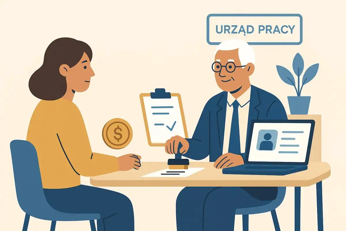 Urząd Pracy. Kobieta pyta, czy kuroniówka wlicza się do lat pracy. Urzędnik pieczętuje dokumenty.