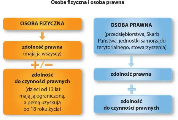 Schemat porównuje osobę fizyczną i prawne przykłady: przedsiębiorstwa, Skarb Państwa. Pokazuje ich zdolność prawną i do czynności prawnych.